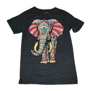 Riot Society Boho Elephant Print Colorful Short Sleeve T-Shirt Top, Size Small